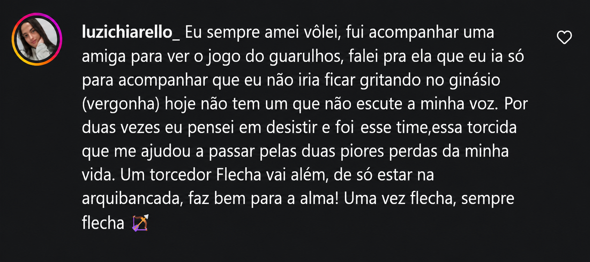 Comentário de @luzichiarello_ sobre a Fúria Flecha, no Instagram