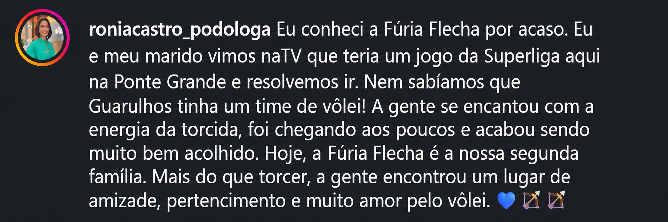 Comentário de @roniacastro_podologa sobre a Fúria Flecha, no Instagram