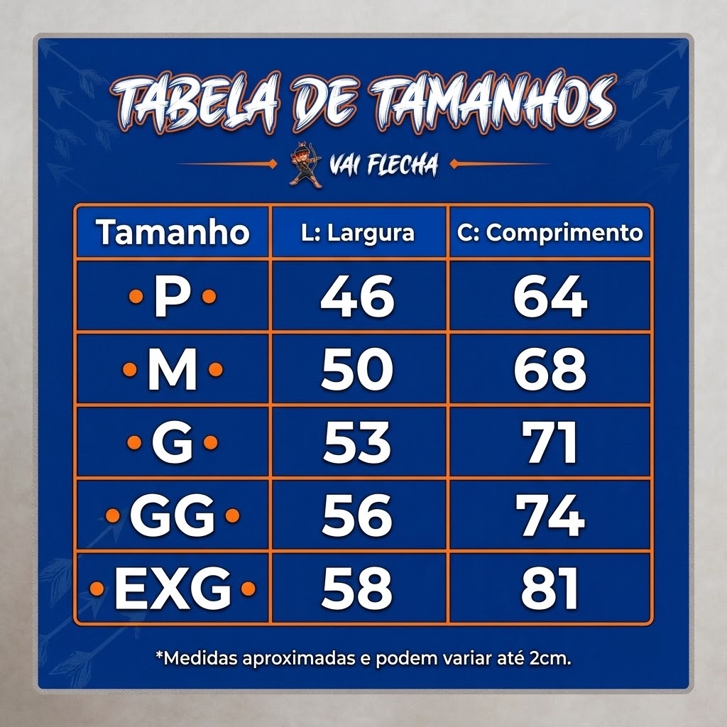 Tabela de tamanhos Fúria Flecha — P, M, G, GG e EXG